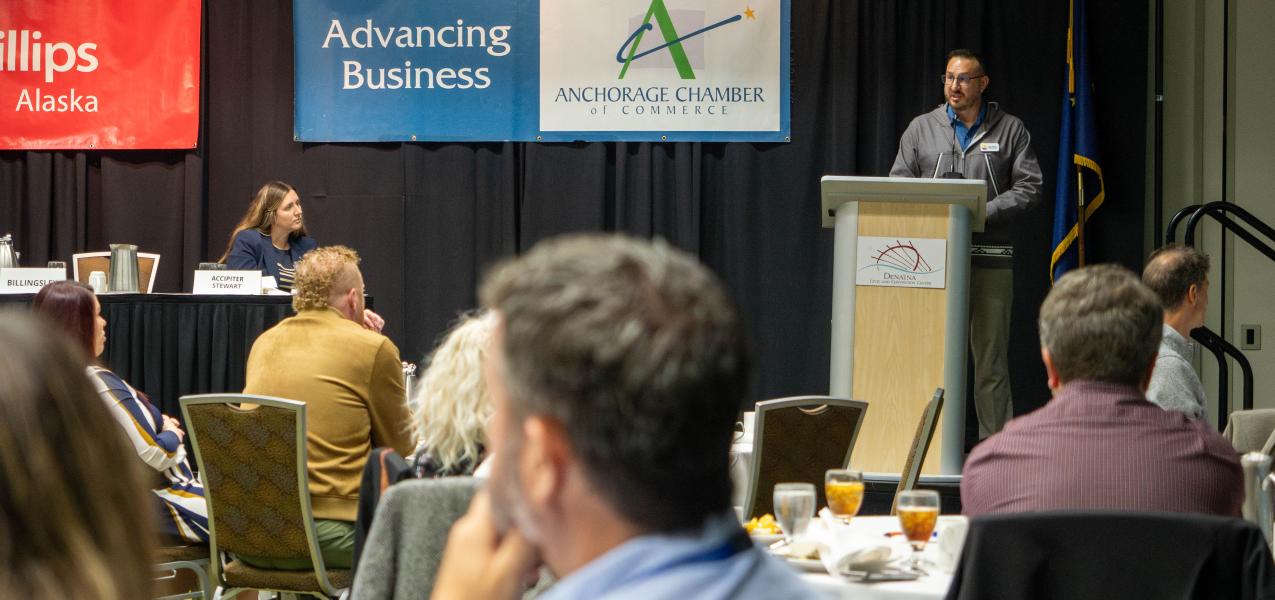 Eric Billingsley presenting at Anchorage Chamber's "Make It Monday" forum on August 25, 2025.