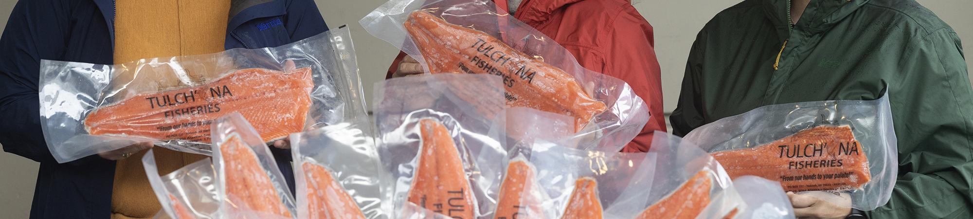 Packages of frozen salmon donated by BBNC