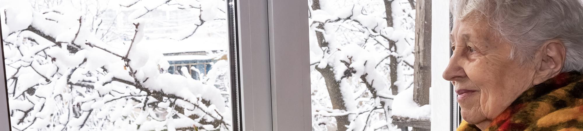 Woman in home looking out window at snow