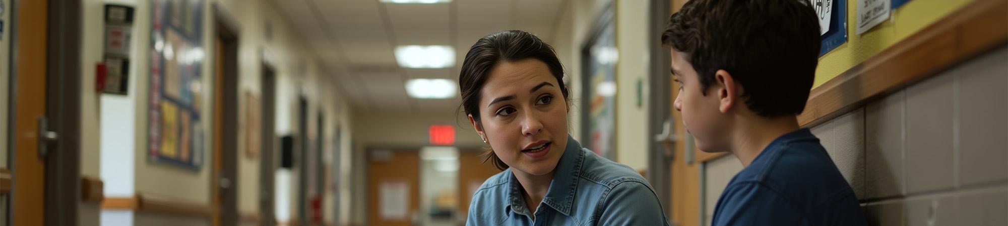 A school-based clinician talks with a student at school.