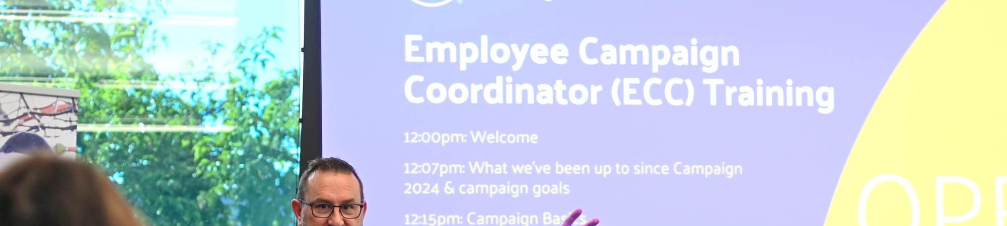 Eric Billingsley presents at an employee campaign coordinator meeting.